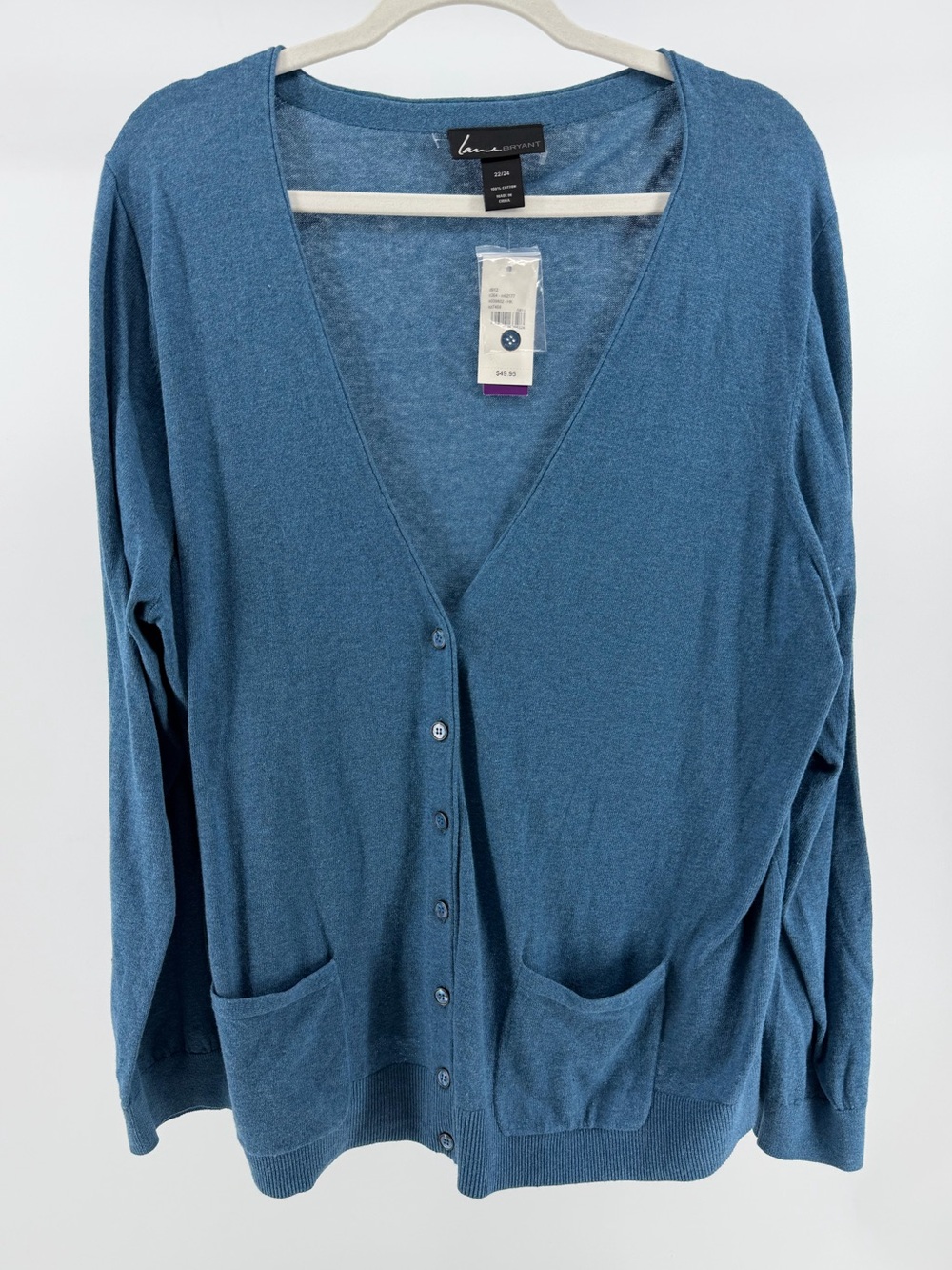NWT Lane Bryant 100% Cotton V-Neck Cardigan Sweater in Blue, Women's 22/24
